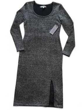 NWT JENNIFER LOPEZ Metallic Silver-Black Long Sleeve Knit Dress with Front Slit